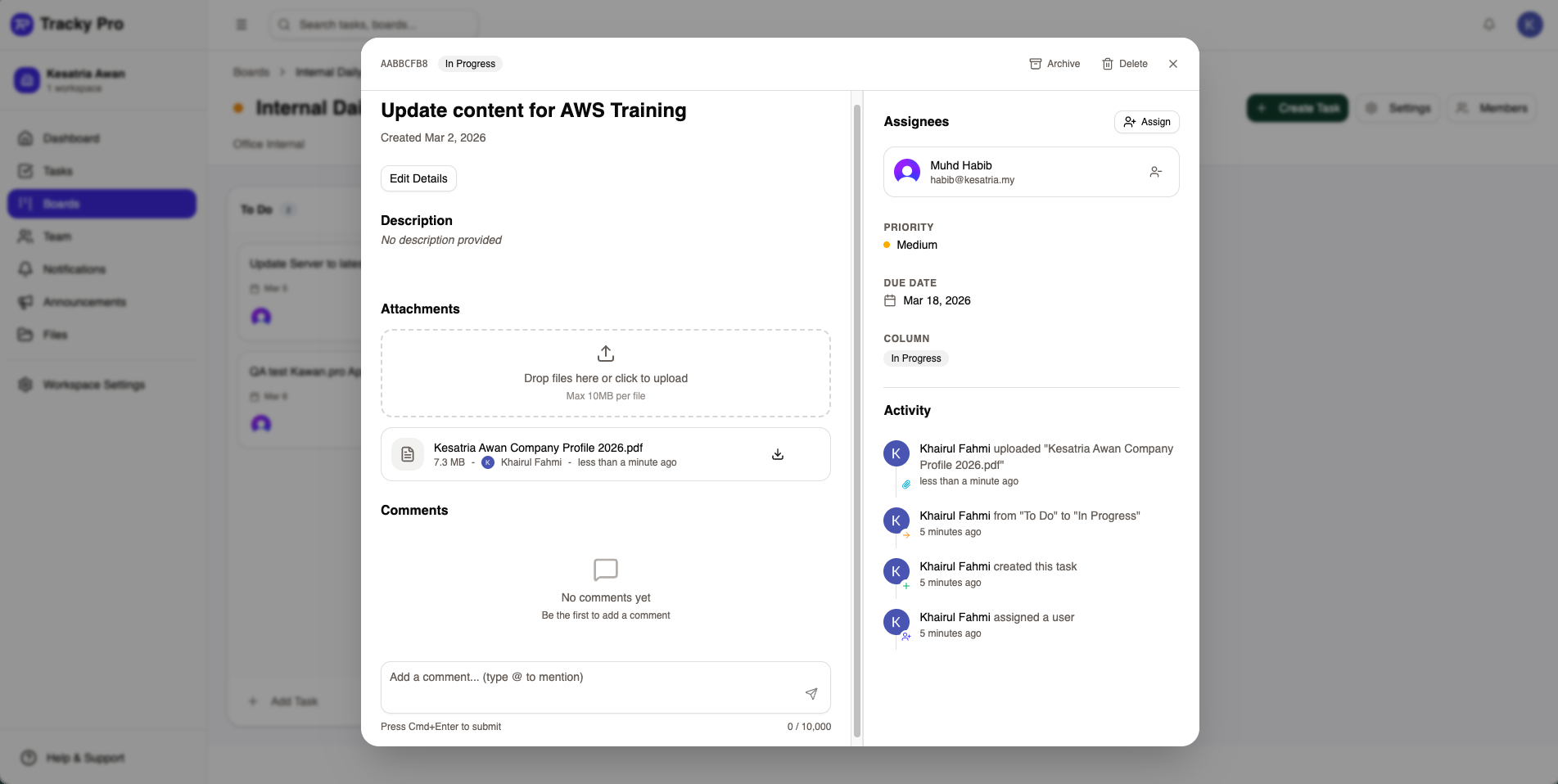 Tracky Pro task detail view with assignees, priority, due date, attachments, and activity log