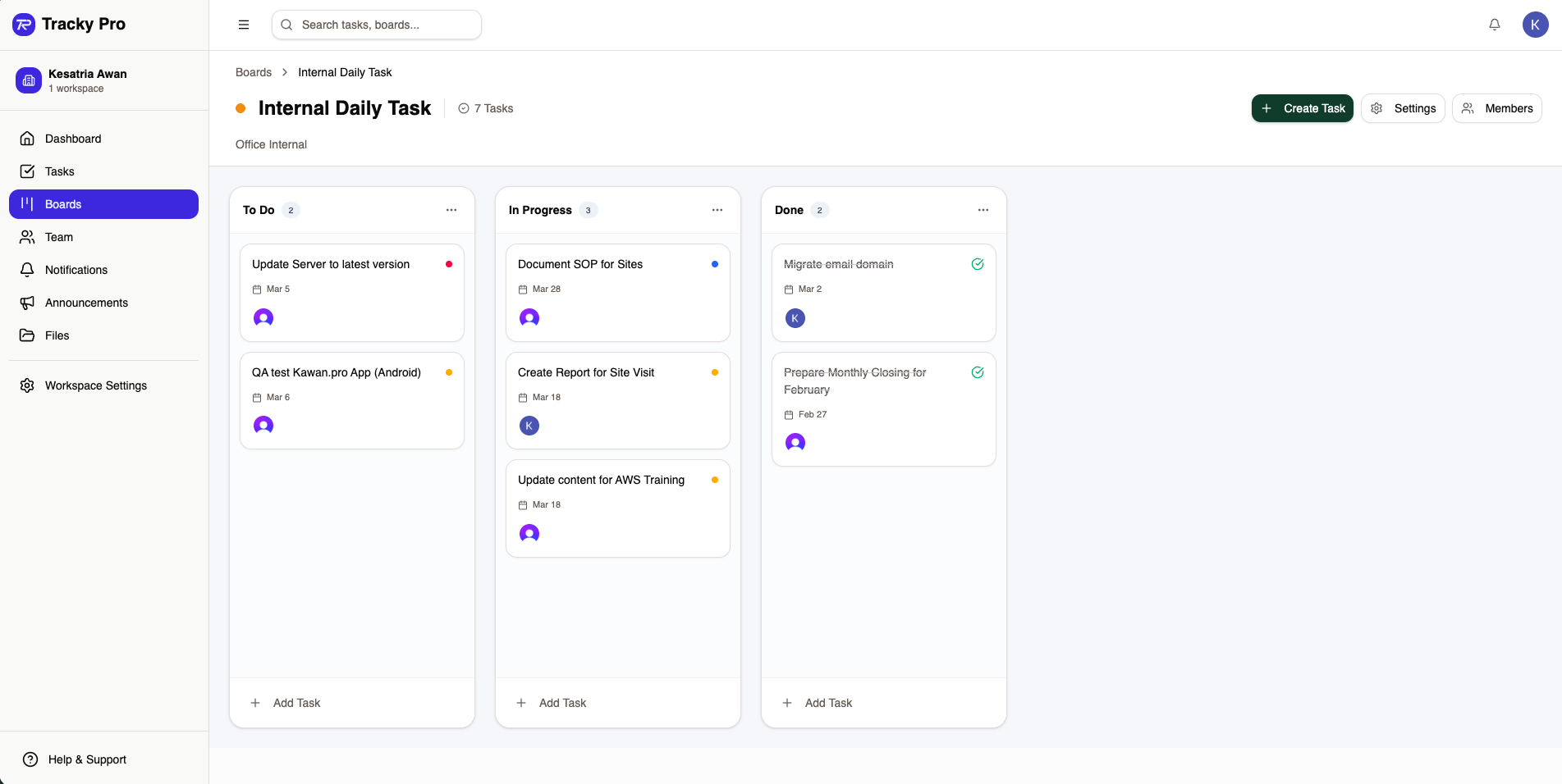 Tracky Pro Kanban board showing To Do, In Progress, and Done columns with task cards